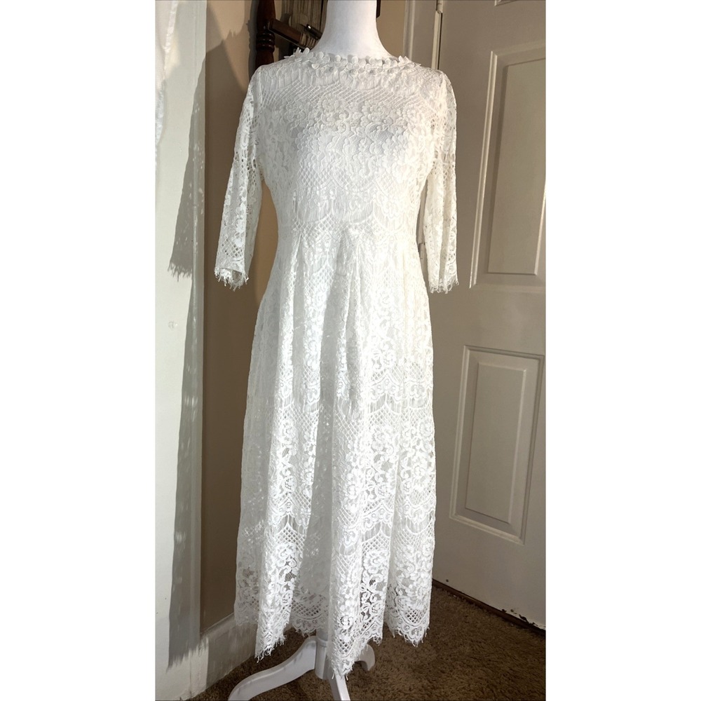 Msquared White Lace Fit & Flare Midi Dress Half Sleeve Lined Women's XL? Wedding